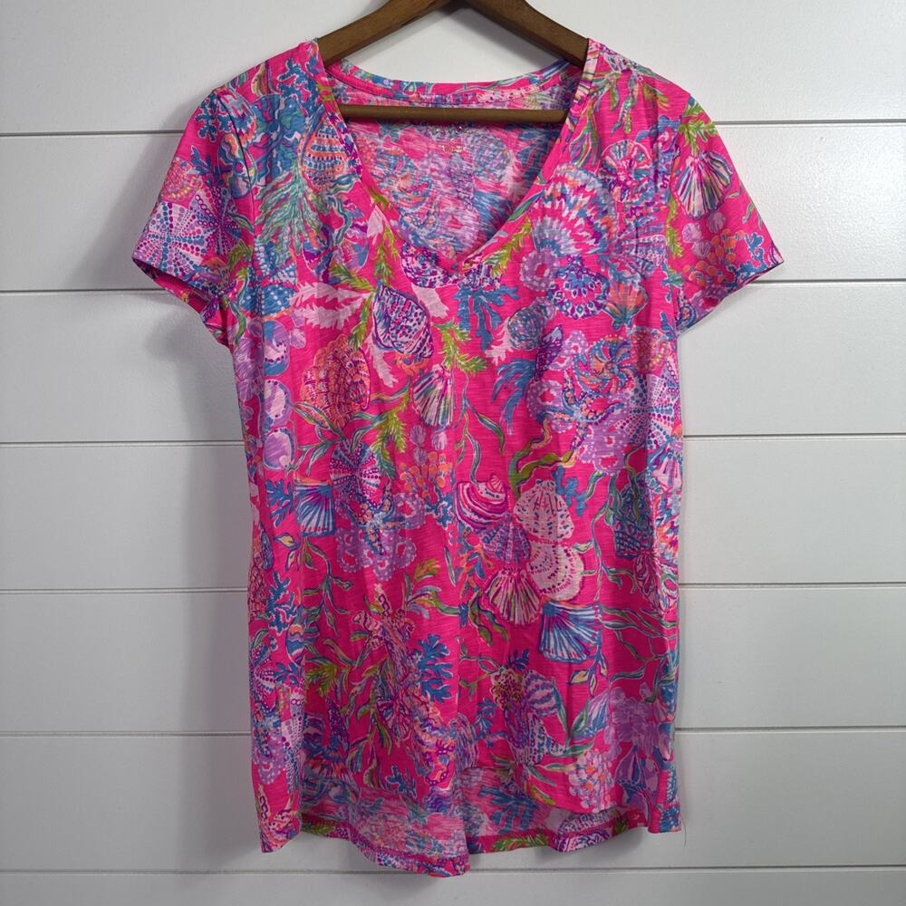 Lilly Pulitzer Etta Tee Shirt Pink Isle Shell Me Something Good sz S